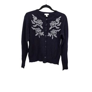 Charter Club Navy Cardigan White Floral Embroidery Button-Up Front Medium